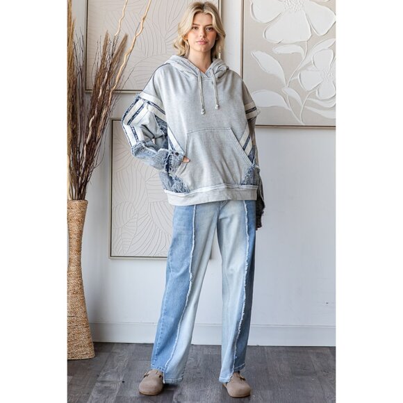Oli & Hali Washed Mixed Denim Hoodie Pullover Top Sweatshirt Size Various - Picture 7 of 8